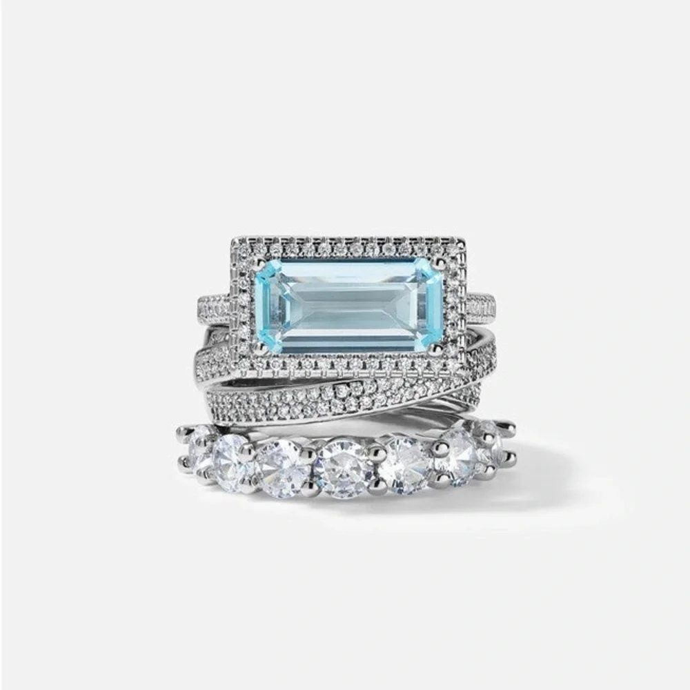 Aquamarine and Diamond 3 Ring Statement Stacked Ring Set - Women Jewelry Sz 7